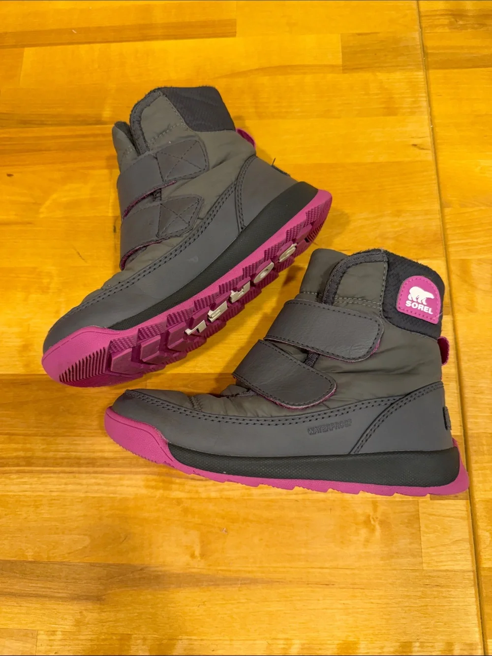 Sorel Kids Gray and Pink Insulated Strap Snow Boots